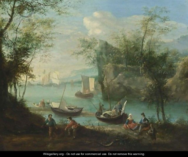 A Wooded River Landscape With Sailing Boats And Fishermen With Their Nets In The Foreground - Robert Griffier