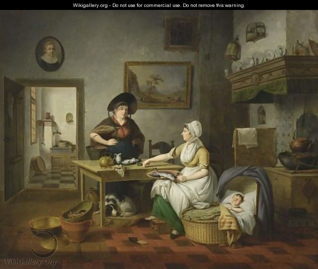 A Kitchen Interior With A Mother Holding A Plate Of Fish, A Baby Sleeping In A Cradle, And A Woman Holding A Bucket Of Fish Standing Next To A Table, A View Of The Pantry Beyond - Pieter Fontijn