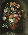 A Still Life With Tulips, Roses, A Red Turban Cup Lily, Auricula, Jasmin, An Iris, Carnations And Other Flowers In A Vase, All In A Stone Niche - Peter Van Kessel