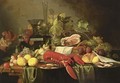 A Still Life With A Lobster, Crabs And Shrimps On Silver Plates, Lemons, Apricots, Black And White Grapes, Prunes, A Ham In A Basket, And A Bun Together With A Berkemeier On A Box And A Flute, All On A Wooden Table Draped With A Green Tablecloth - (after) Jan Davidsz. De Heem