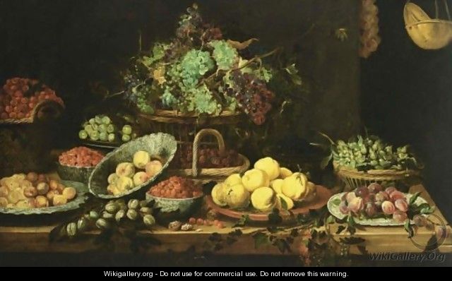 An Extensive Still Life Of Peaches, Apricots And Strawberries In Wan-Li Porcelain Bowls, Quince-Pears On A Stone Plate, Black Prunes On A Chinese Plate, Hazelnuts, Grapes, Blackberries And Cherries In Baskets, Berries And White Prunes In Copper Bowls, Tog - (after) Frans Snijders