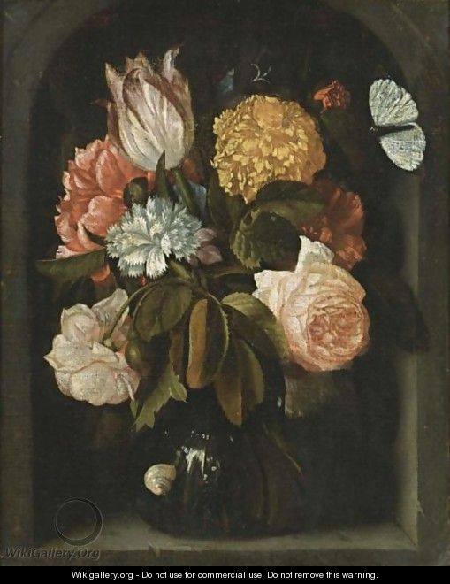 A Still Life With Roses, A Tulip, Carnations, A Peony And Other Flowers, All In A Glass Vase, With A Snail And A Butterfly, In A Stone Niche - Jan Pauwel Gillemans The Elder