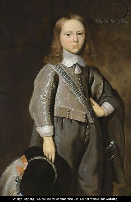 A Portrait Of A Boy, Standing Three- Quarter Length, Wearing A Grey Embroidered Suit And Holding A Hat With A Feather In His Right Hand - Jan Jansz. Van Stomme