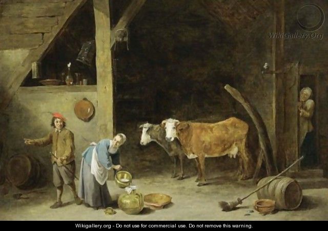 A Barn Interior With A Peasant Woman Pouring Milk Into A Jug And A Peasant Man Standing Nearby, With Cattle In The Background, An Old Woman Peeking Through A Door And An Owl Sitting On A Stick Near The Door - David The Younger Teniers