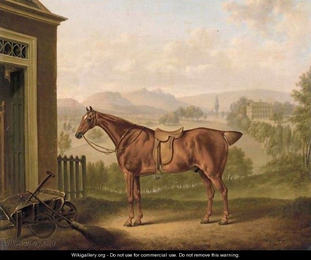 A Saddled Chestnut Hunter In A Landscape - Charles Towne