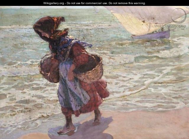 Pescadora En La Playa De Valencia (Fisherwoman On Valencia Beach) - Jose Mongrell Torrent
