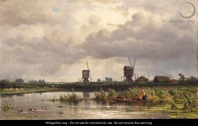 Figures In A Boat With Two Windmills Beyond - Jan Willem Van Borselen