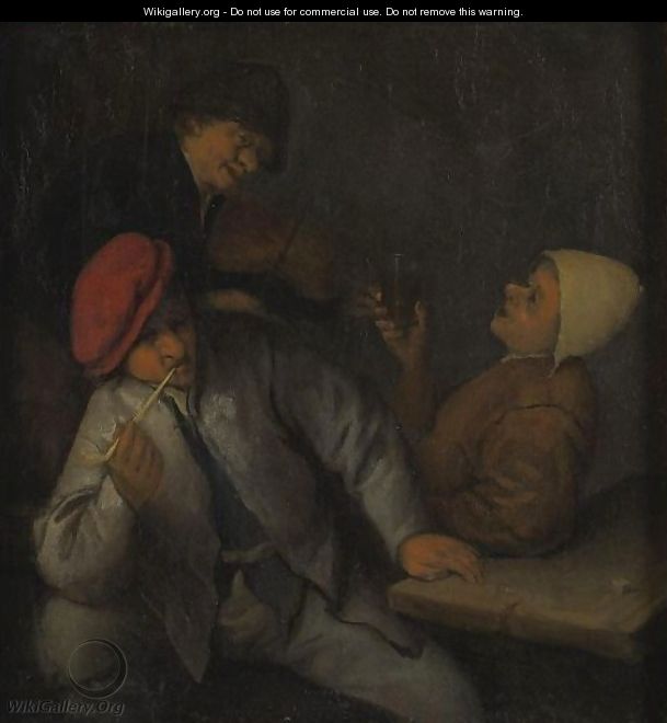Three Peasants Drinking And Smoking In An Interior - (after) Adriaen Jansz. Van Ostade