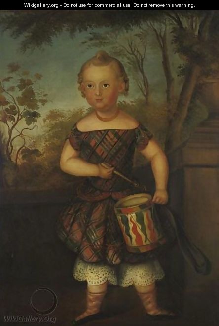 Boy In Plaid Costume Playing A Painted Drum - American School