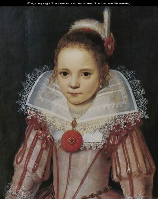 Portrait Of A Young Girl In A Pink Dress With Red Trim - Cornelis De Vos