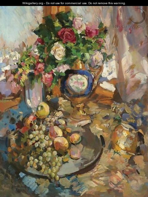 Still Life With Roses And Fruit - Konstantin Alexeievitch Korovin