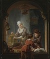 An Interior With A Kitchen Maid Cleaning A Copper Pot And A Youth And Young Woman Playing Jeu De L'Oie - Louis de Moni