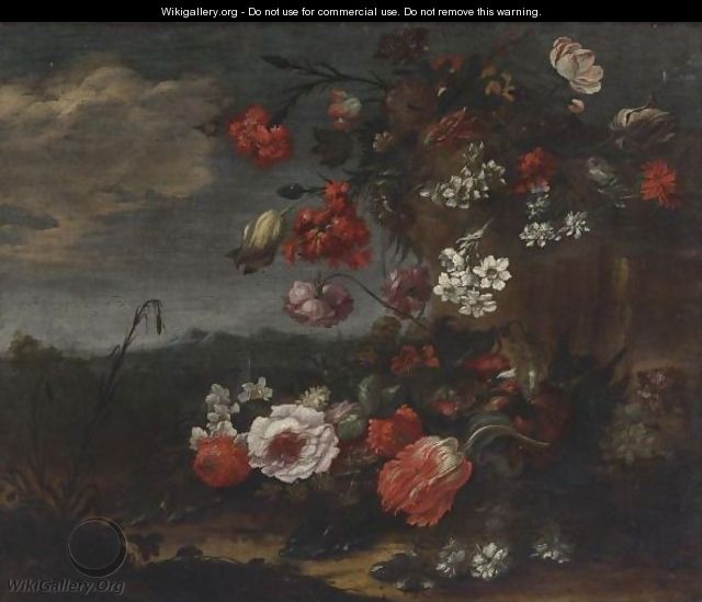 Still Life Of Roses, Tulips, Narcissus And Other Flowers In A Landscape - (after) Bartolomeo Ligozzi
