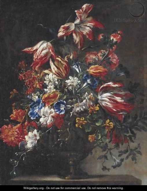 Still Life Of Tulips, Morning Glories And Other Flowers In A Vase - Francesco Mantovano