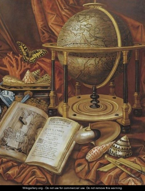 Still Life With A Globe, Books, Shells And Corals Resting On A Stone Ledge - (after) Simon Renard De Saint-Andre