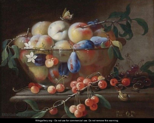 Still Life With Peaches And Plums In A Glass Bowl, Resting On A Table With Cherries And A Snail - Francesco Della Questa