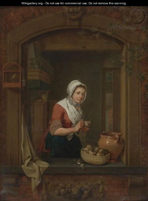 Young Woman At A Window Pealing Radishes - Jacobus Johannes Lauwers