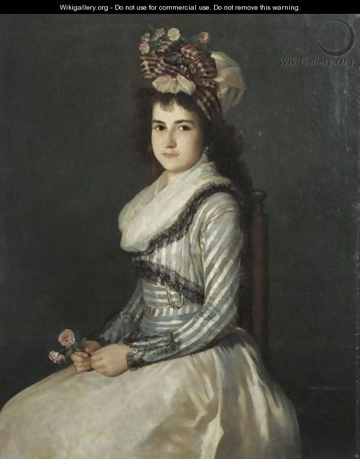 Portrait Of A Young Woman Holding Two Roses - Agustin Esteve Y Marques