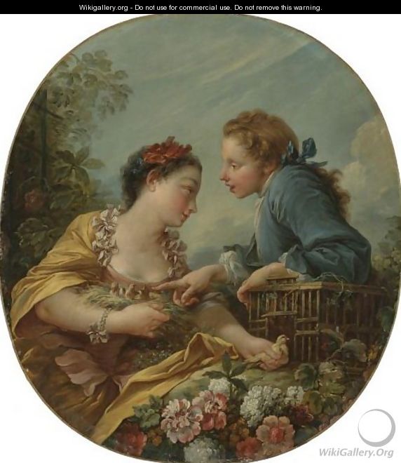 A Young Woman And Youth Placing Young Birds In A Cage The Bird Nesters - François Boucher