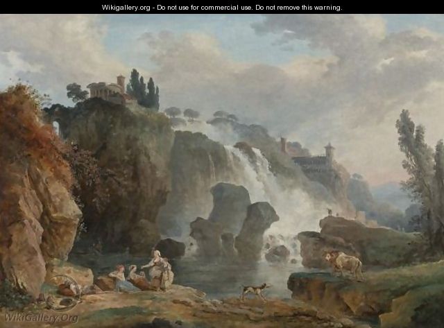 The Cascades At Tivoli With The Temple Of Vesta, Some Figures Resting In The Foreground. - Hubert Robert