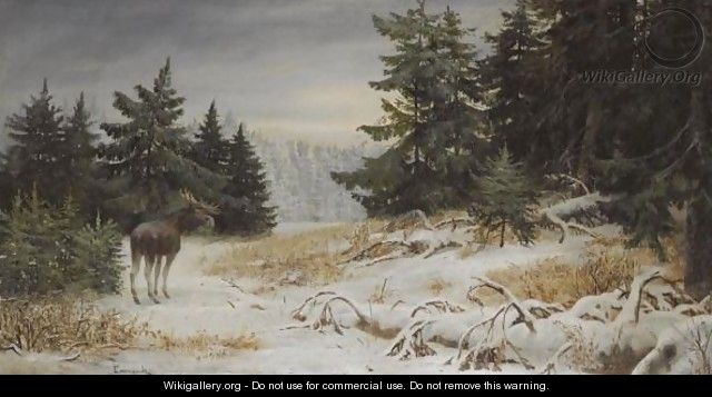 Elk In A Winter Landscape - Aleksi Stepanovich Stepanov