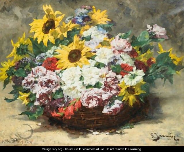 Basket Of Roses And Sunflowers - Georges Jeannin