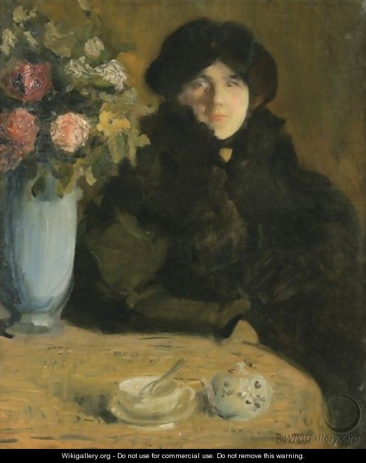 Portrait Of A Woman With A Vase Of Flowers - Paul Albert Besnard