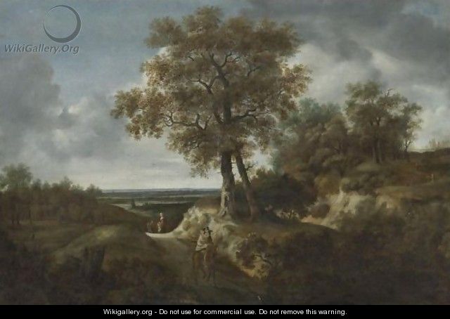 Landscape With Travelers And A Village In A Distance - (after) Jacob Van Ruisdael
