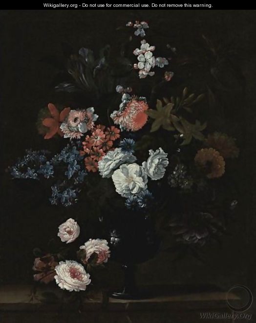 Still Life Of Flowers In A Vase Resting On A Stone Ledge - (after) Simon Hardime