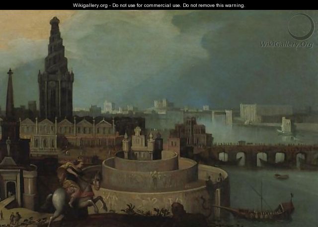 An Imaginary City By A River With A Horseman Hunting A Lion - (after) Louis De Caullery