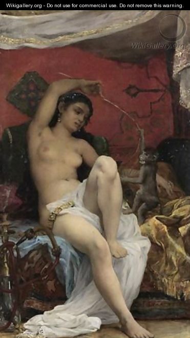 Odalisque Playing With A Monkey - Jacques-Francois-Ferdinand Lematte