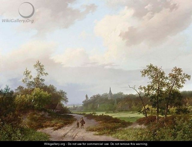 Travellers On A Country Road, A Church In The Distance - Marianus Adrianus Koekkoek