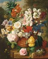 A Still Life With Tulips, Roses, Peonies And Various Other Flowers In A Terracotta Vase And A Bird's Nest On A Marble Ledge - Dutch School