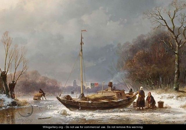 A Wintry Scene With Figures Near A Boat On The Ice - Andreas Schelfhout