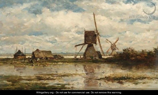 Two Windmills And A Farmhouse In A Polder Landscape - Willem Roelofs