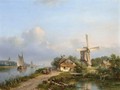 Figures On A Canal Near A Windmill - Lodewijk Johannes Kleijn