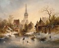 A Winter Landscape With Skaters Near A Village - Charles van den Eycken