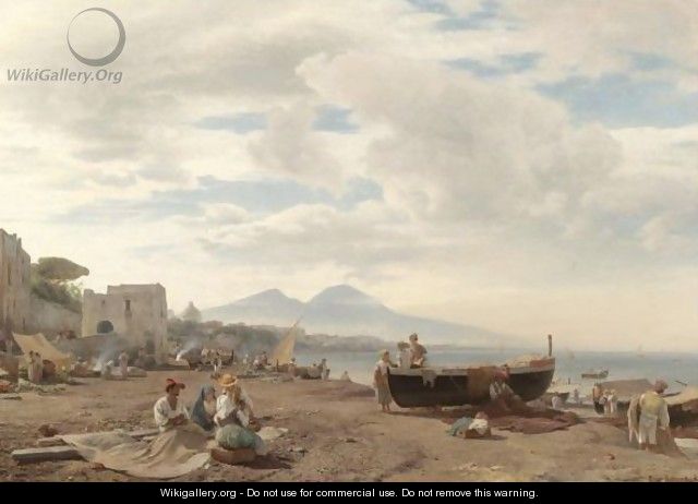 Fishermen On The Amalfi Coast With Mount Vesuvius Beyond - Oswald Achenbach