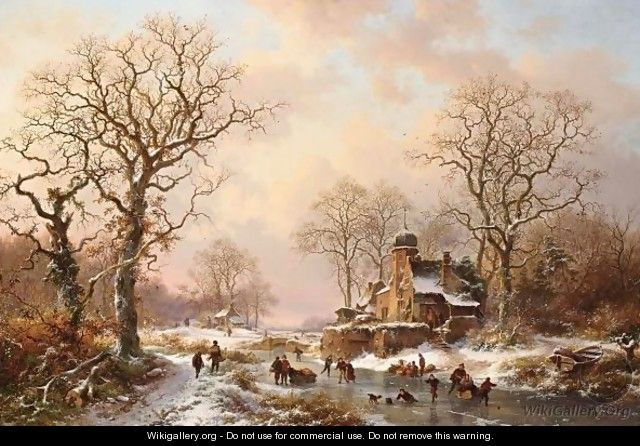 A Winter Landscape With Skating Figures Near A Castle - Frederik Marianus Kruseman