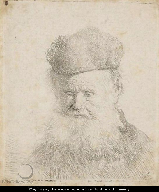 Bust Of An Old Man With A Fur Cap And Flowing Beard, Nearly Full Face, Eyes Direct - Rembrandt Van Rijn