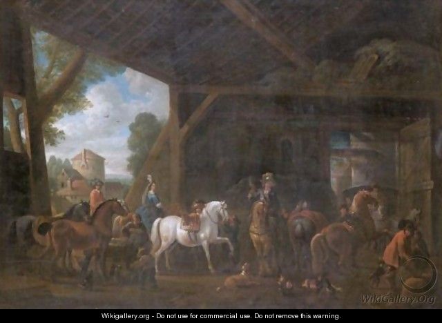 A Barn Interior With An Elegant Company Preparing For A Hunt - (after) Philips Wouwerman