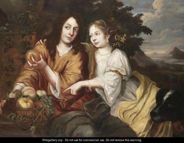 Double Portrait Of A Lady And A Gentleman Seated In A Landscape - Dutch School