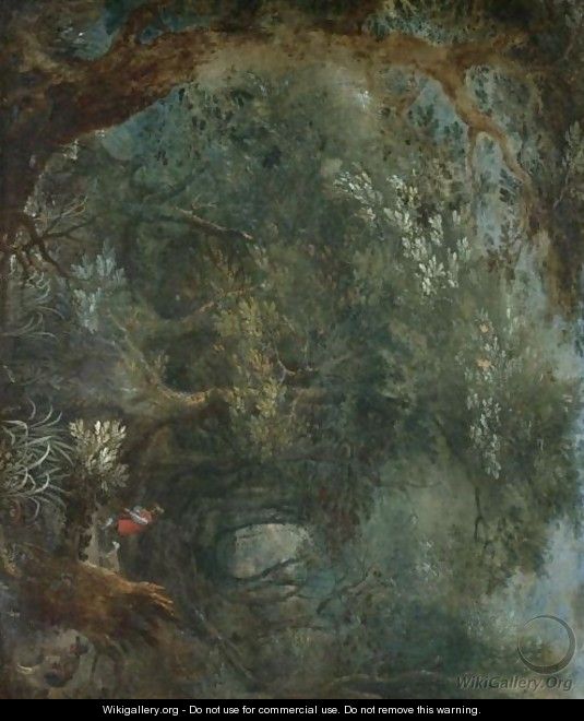 A Wooded Landscape With Two Huntsmen Aand Their Hounds - (after) Jan The Elder Brueghel