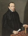 Portrait Of A Gentleman, Half Length, Wearing Black And Holding A Piece Of Paper And Resting A Hand On A Book - Spanish School