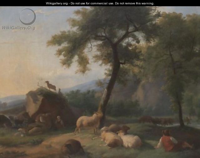 A Pastoral Landscape With A Shepherd Resting With His Flock, And A Herder Watering His Cattle In A River Beyond - (after) Caspar Wilhelm Ernst Dietrich
