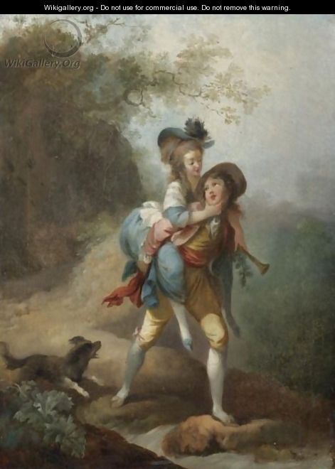 A Young Gentleman Carrying A Lady Across A Stream, A Dog Following Behind - (after) Jean-Frederic Schall