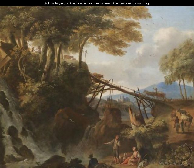 An Italianate Landscape With Figures Resting Beside A Cascade, Drovers Driving Their Animals Over A Bridge Beyond - Italo-Flemish School