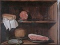 A Trompe L'Oeil Kitchen Cupboard With Cured Ham, Chorizo, Bread And Glassware - Spanish School