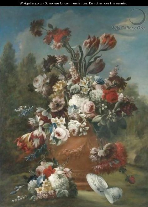 Still Life With Tulips Roses Daffodils, Narcissi, Morning Glory, Carnations And Other Flowers In A Terracotta Urn - Francesco Lavagna
