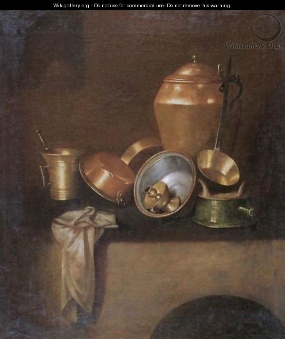 Still Life With Various Copper Cooking Utensils On A Hearth - Martin Dichtl